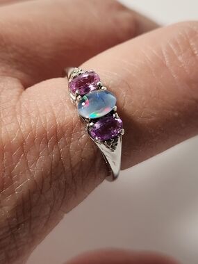 NWT Natural Pink & Violet Sapphires (Not Topaz) & Opal Trilogy 925 Ring Sz 7